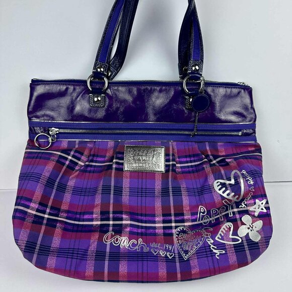 Coach Poppy Plaid Glam Tote Bag – Purple Multi Patent Leather Trim - Picture 1 of 11